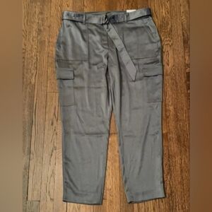 NWT WHBM The Tapered Ankle Satin Crop Cargo Pants Gray Smoked Pearl 6P Utility